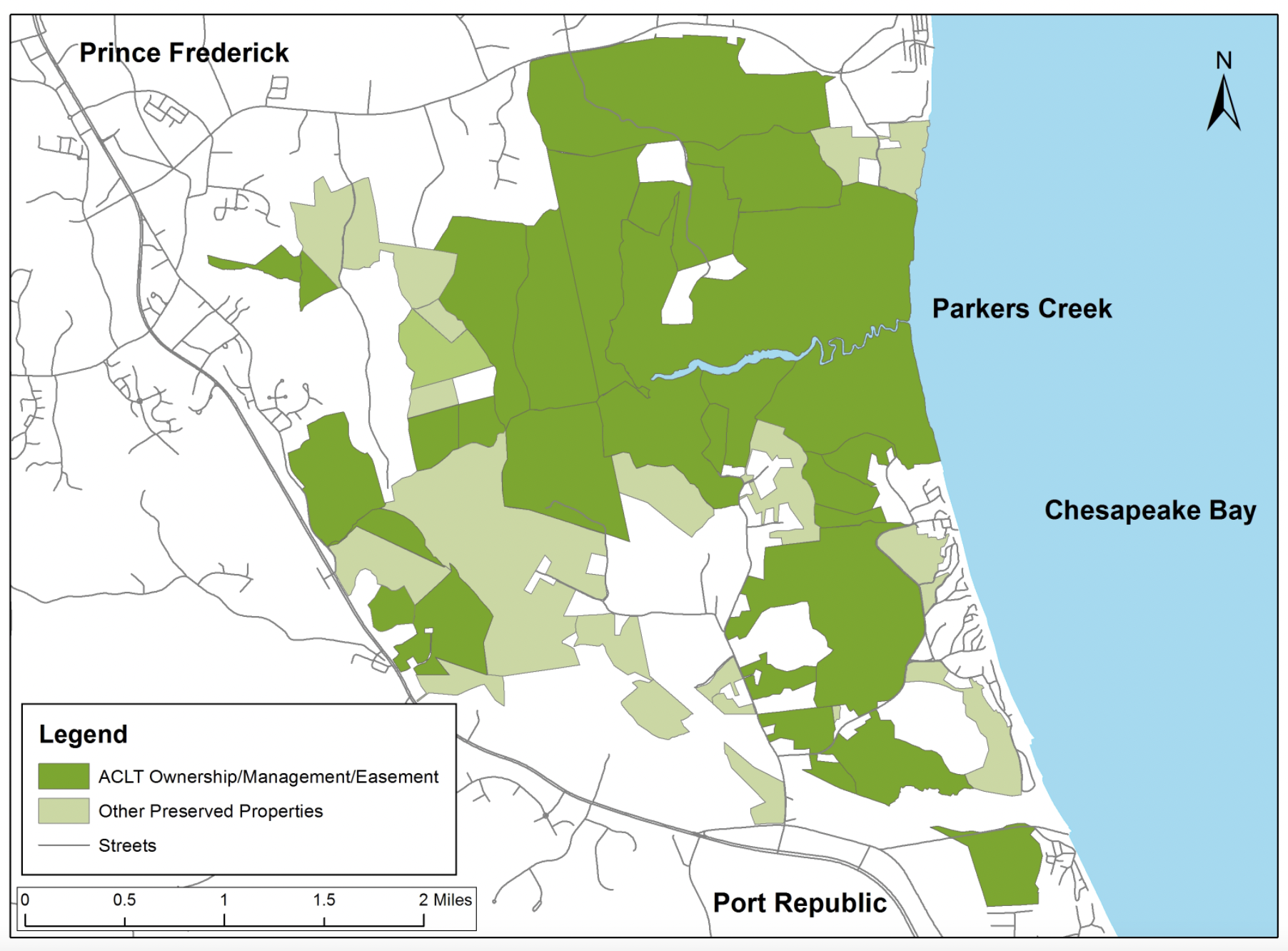 The purpose is to show how ACLT's protected lands buffer the Chesapeake Bay from the runoff of the Prince Frederick town center.